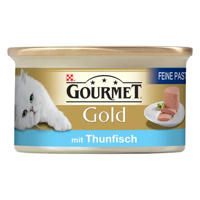 GOURMET Gold Feine Pastete mit Thunfisch, Dose mit Bild einer weißen Katze und Pastete auf Teller
