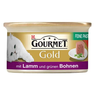 GOURMET Gold Feine Pastete mit Lamm und grünen Bohnen, Dose mit Abbildung einer weißen Katze und Pastete auf Teller