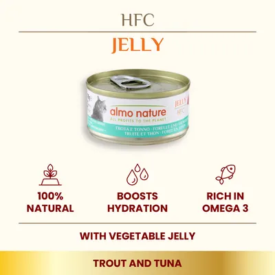 almo nature HFC Jelly trout and tuna cat food tin, 100% natural, boosts hydration, rich in omega 3, with vegetable jelly. Text: all profits to the planet.