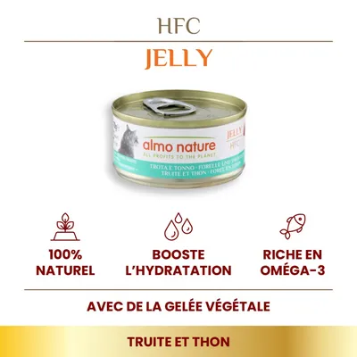 almo nature HFC Jelly truite et thon, 100 % naturel, booste l’hydratation, riche en oméga-3, avec de la gelée végétale. Texte visible en français sur l’image.