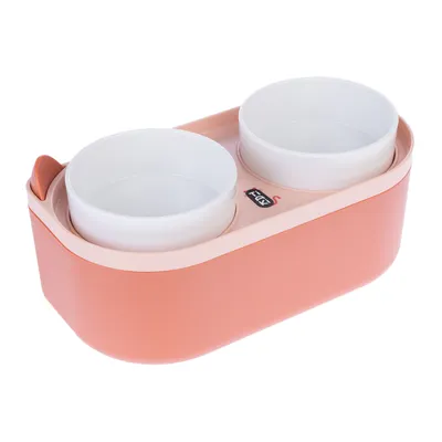 Doppia ciotola rosa con due ciotole bianche, adatta per cibo e acqua. Logo visibile: FLAM.
