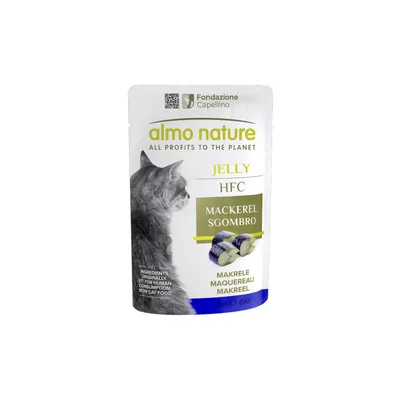 almo nature Jelly HFC Mackerel Sgombro, makrela za odrasle mačke. Fondazione Capellino. HFC ingredients originally for human consumption now cat food.