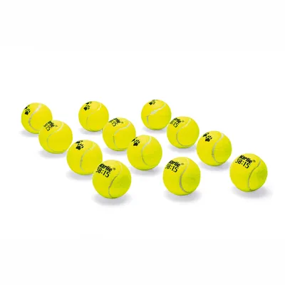Bolas de ténis amarelas com inscrição 'Karlie 58-15' e motivo de patas, dispostas em grupo.