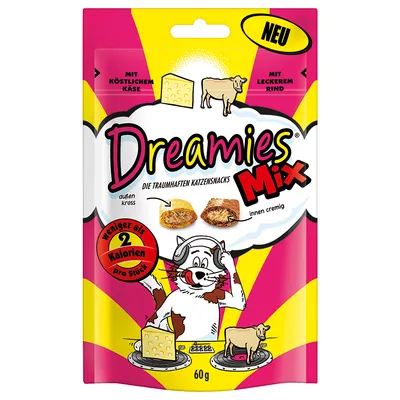 Упаковка Dreamies Mix 60 г для кошек, вкус сыр и говядина. Меньше 2 калорий на штуку. Текст на немецком языке. Изображены кусочки лакомства, сыр, корова и кот.