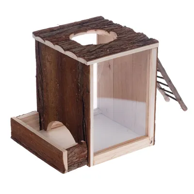 Maison en bois naturel avec toit à trou rond, entrée latérale et petite échelle en branches sur le côté droit. Convient pour petits animaux, matériaux visibles : bois brut et écorce.