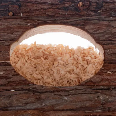 Tronc en bois évidé rempli de copeaux de bois visibles à travers une ouverture ovale, sans marque ni texte apparent.