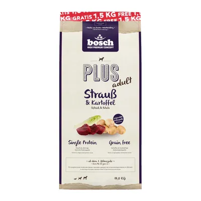 bosch Plus adult ostrich & potato, single protein, grain free, suitable from 1 year, 14 kg pack.