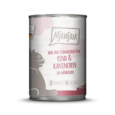 MjAMjAM Duo von schmackhaftem Rind & Kaninchen an Möhrchen. Getreidefrei, viel Fleisch. Hergestellt in Deutschland.