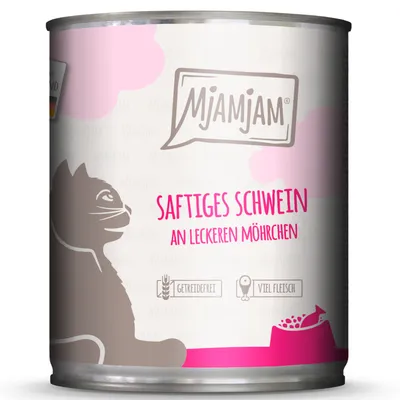 Mjamjam mokra karma dla kotów, smak: soczysta wieprzowina z marchewką. Bez zbóż, dużo mięsa. Opakowanie przedstawia kota i miskę z karmą.