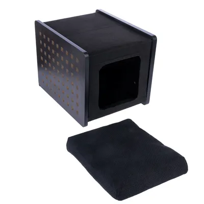 Black cube cave with padded cushion, wooden side walls with square cut-outs.