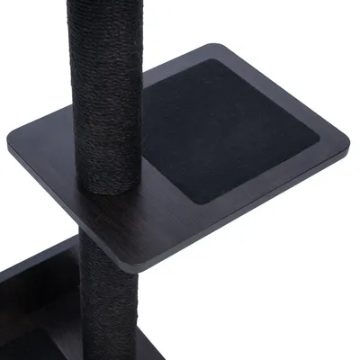 Plateforme d’arbre à chat en bois foncé avec poteau recouvert de corde noire et surface carrée tapissée de tissu noir.