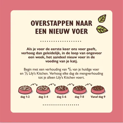 Overstappen naar een nieuw voer: geleidelijk mengen van huidig voer met Lily's Kitchen in 4 stappen, dag 1–2 tot vanaf dag 9 alleen Lily's Kitchen. Uitleg over mengverhouding inbegrepen.