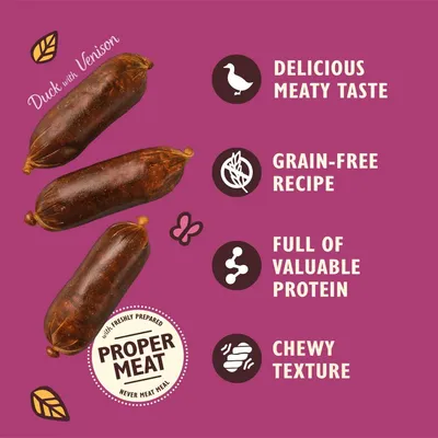 Duck with venison sausages. Features: delicious meaty taste, grain-free recipe, full of valuable protein, chewy texture. Label states 'Proper Meat, never meat meal'.
