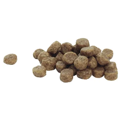 Кръгли гранули суха храна за домашни любимци, подредени на купчина върху бял фон. Не се виждат марка или опаковка.