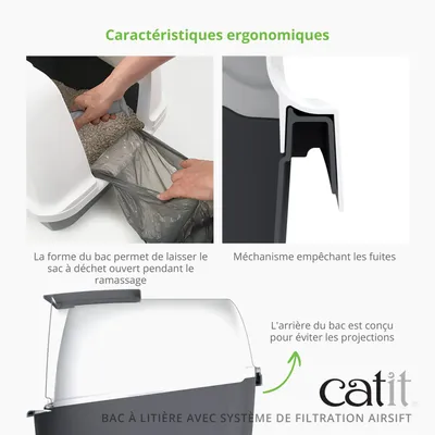 catit Toilette pour chat avec système de filtration Airsift, support de sac poubelle ouvert visible, mécanisme anti-fuite et protection anti-éclaboussures à l’arrière. catit Toilette pour chat avec système de filtration Airsift, support de sac poubelle ouvert visible, mécanisme anti-fuite et protection anti-éclaboussures à l’arrière.
