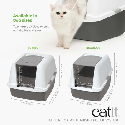 Twee kattenbakken van catit met Airsift-filtersysteem in de maten Jumbo (57x50x46,5 cm) en Regular (57x39x46,5 cm), beide met een klapdeur van 24,4x26,4 cm. Twee kattenbakken van catit met Airsift-filtersysteem in de maten Jumbo (57x50x46,5 cm) en Regular (57x39x46,5 cm), beide met een klapdeur van 24,4x26,4 cm.