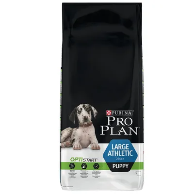 Confezione di Purina Pro Plan Large Athletic 25 kg+ Puppy OptiStart, visibile scritta e immagine di cucciolo. Testo: LARGE ATHLETIC 25KG+, PUPPY, OPTISTART.