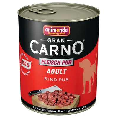 Консерва Animonda Gran Carno Fleisch Pur Adult Rind pur, изображение на нарязано говеждо месо и силует на куче. Видим текст: 100% Fleischigen Zutaten.