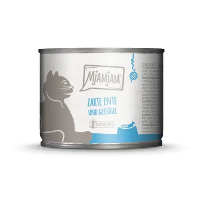 Mjamjam Nassfutter für Katzen, Sorte Zarte Ente und Geflügel, getreidefrei. Verpackung zeigt Katze und Futterschale.
