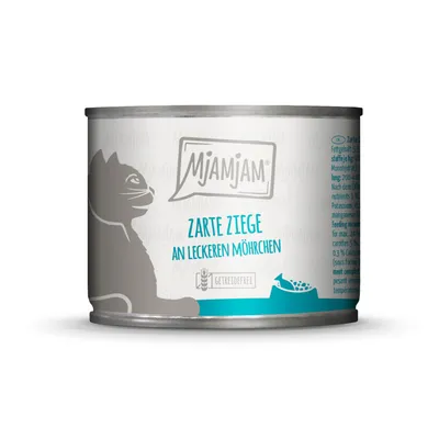 MjAMjAM Zarte Ziege an leckeren Möhrchen, getreidefrei. Nassfutter für Katzen in einer Dose mit Illustration einer Katze und Futterschale.