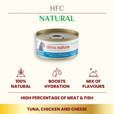 almo nature HFC Natural cat food tin, tuna, chicken and cheese. Text: 100% natural, boosts hydration, mix of flavours, high percentage of meat & fish, all profits to the planet.