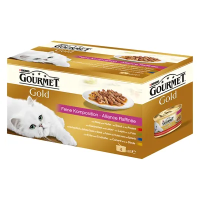 Упаковка Purina Gourmet Gold, 4×85 г. Видны надписи: Feine Komposition • Alliance Raffinée, изображение белой кошки и тарелки с кормом, банка корма на упаковке.