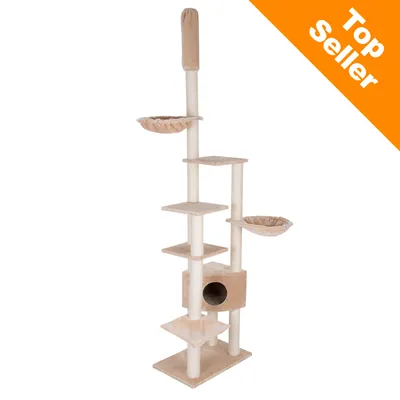 Klösträd i beige tyg och sisal med flera plattformar, två runda liggplatser och en låda. Orange hörn med vit text: Top Seller.