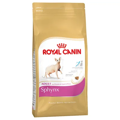 Royal Canin Sphynx Adult suha hrana za mačke, slika sfinks mačke na pakiranju, vidljiv tekst: ADULT, Sphynx, Feline Breed Nutrition.