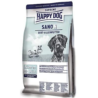Confezione di crocchette per cani Happy Dog Supreme Sano N, testo visibile: Nieren Diät, DIÄT-ALLEINFUTTER, made in Germany, immagine di due cani sul fronte.