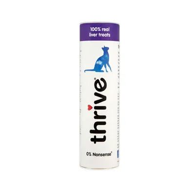 Tube labelled thrive with text 100% real liver treats and 0% Nonsense.