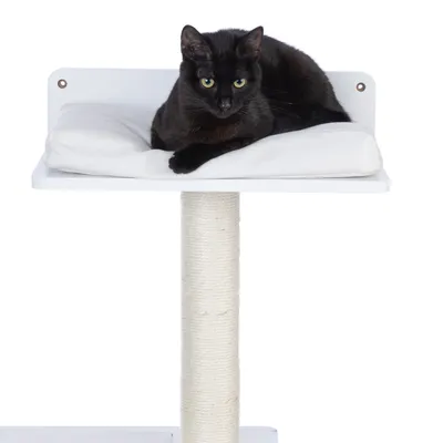 Arbre à chat avec coussin blanc, poteau recouvert de corde en sisal, chat noir allongé sur la plateforme supérieure. Matériaux visibles : bois, tissu, sisal.