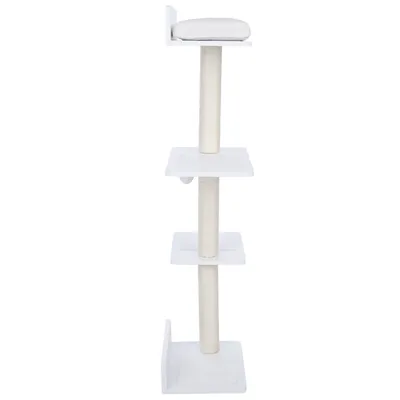 Arbre à chat blanc avec trois plateformes carrées, poteaux recouverts de corde et coussin sur la plateforme supérieure. Matériaux visibles : bois, corde, tissu.