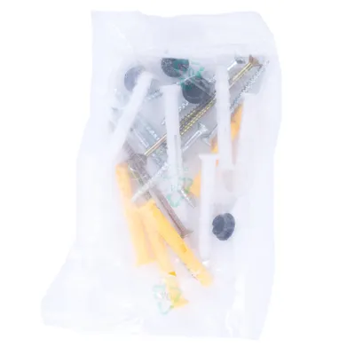 Busta con viti, tasselli e parti di fissaggio. Include tasselli in plastica gialli e bianchi e viti argentate.