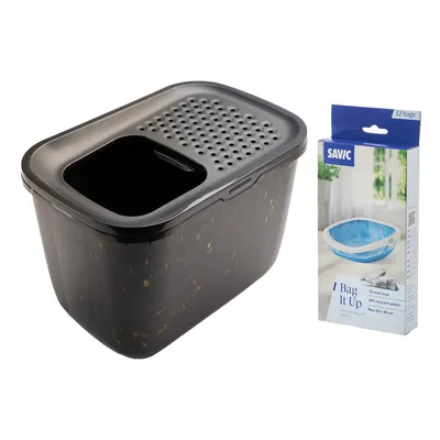 Savic toaletă pentru pisici cu capac perforat și ambalaj pentru saci de gunoi 'Bag It Up', 12 saci mari din 30% plastic reciclat, dimensiune maximă 50 x 36 cm.