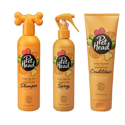 Pet Head Ditch the Dirt szagtalanító sampon, spray és kondicionáló narancs és aloe vera kivonattal. Természetes olajkivonatok, 300 ml és 250 ml.