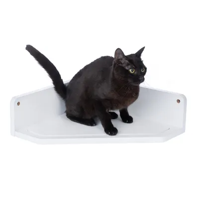 Mensola angolare in legno bianco con un gatto nero sopra. Mensola adatta al montaggio a parete, due fori per viti visibili.