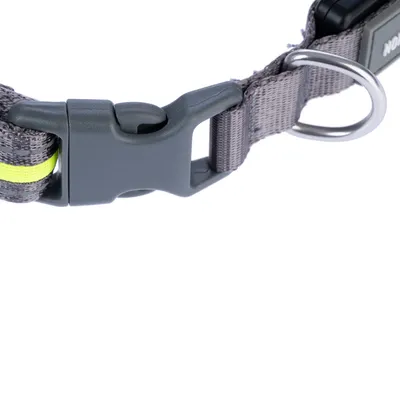 Collier en nylon gris avec boucle plastique, anneau métallique et bande réfléchissante jaune visible.