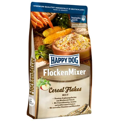 Happy Dog FlockenMixer. Premium supplementary flakes with 5 cereals, vegetables and herbs. Free from soya, colourings and preservatives. Made in Germany.