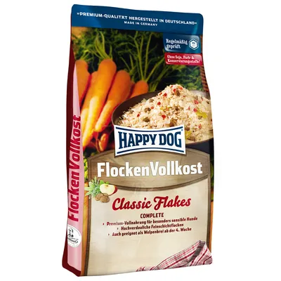 Happy Dog Flocken Vollkost Classic Flakes. Premium complete food for sensitive dogs, without soya, colourings or preservatives. Suitable as puppy porridge from 4 weeks. Made in Germany.