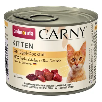 Konzerva animonda Carny Kitten Geflügel-Cocktail, 100% frische Zutaten, Ohne Getreide, Made in Germany, mix drůbového masa, s taurinem. Objem a další složení nejsou viditelné.