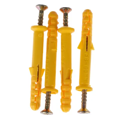 Quattro tasselli gialli con viti, lunghezza 8-60 mm, adatti per montaggio a parete.