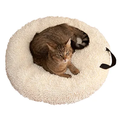 Chat tigré allongé sur un coussin rond en tissu bouclé beige avec poignée noire visible sur le côté. Coussin pour animaux de compagnie.