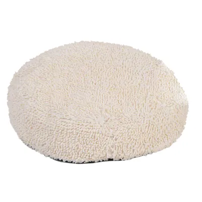 Coussin rond pour animal, surface en tissu crème à texture bouclée. Aucun logo ni texte visible. Convient pour visualiser la forme et le matériau du produit.