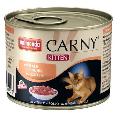 Blik Animonda Carny Kitten natvoer, met kalf en kip, afbeelding van een kitten en vleesstukjes, tekst: 'mit KALB + HUHN', 'met KALF + KIP', 'Mit TAURIN'.