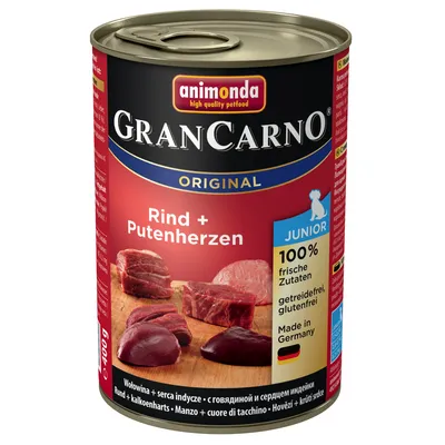 Консерва Animonda GranCarno Original Rind + Putenherzen Junior, 400 г. Текст: 100% frische Zutaten, getreidefrei, glutenfrei, Made in Germany. Изображены куски мяса и сердечек.