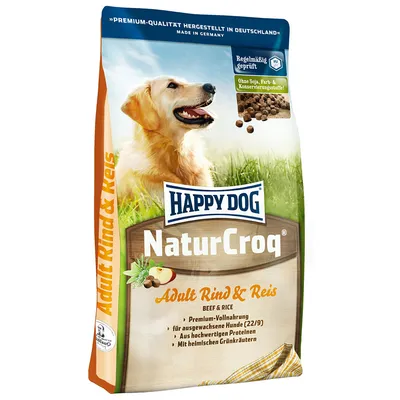 Opakowanie Happy Dog NaturCroq Adult Rind & Reis. Widoczne napisy: Ohne Soja, Farb- & Konservierungsstoffe!, Premium-Qualität hergestellt in Deutschland, Regularnie geprüft.