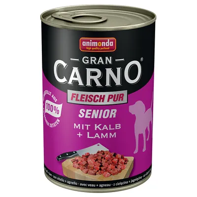 Консерва Animonda Gran Carno Fleisch Pur Senior mit Kalb + Lamm, изображение на нарязано месо и нож, текст: 100% съставки от животински произход. Текстът е на немски.