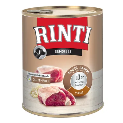Lata de comida para perros Rinti Sensible. Texto visible: 100 % Lamm, glutenfrei, nur 1 tierisches Protein, + Reis. Para perros sensibles. Imagen de carne y arroz en la etiqueta.