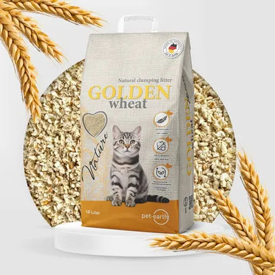 Sac de litière agglomérante GOLDEN wheat 18 L, marque pet-earth, avec chat gris, texte anglais : Natural clumping litter, 100 % blé, compostable, légère. Fabriqué en Allemagne.
