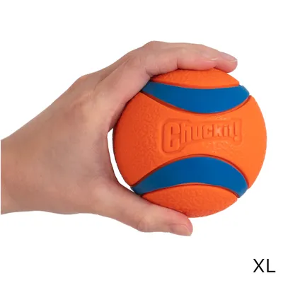Oranje-blauwe Chuckit! bal van rubber, maat XL, wordt vastgehouden in een hand. Merknaam 'Chuckit!' zichtbaar op de bal.